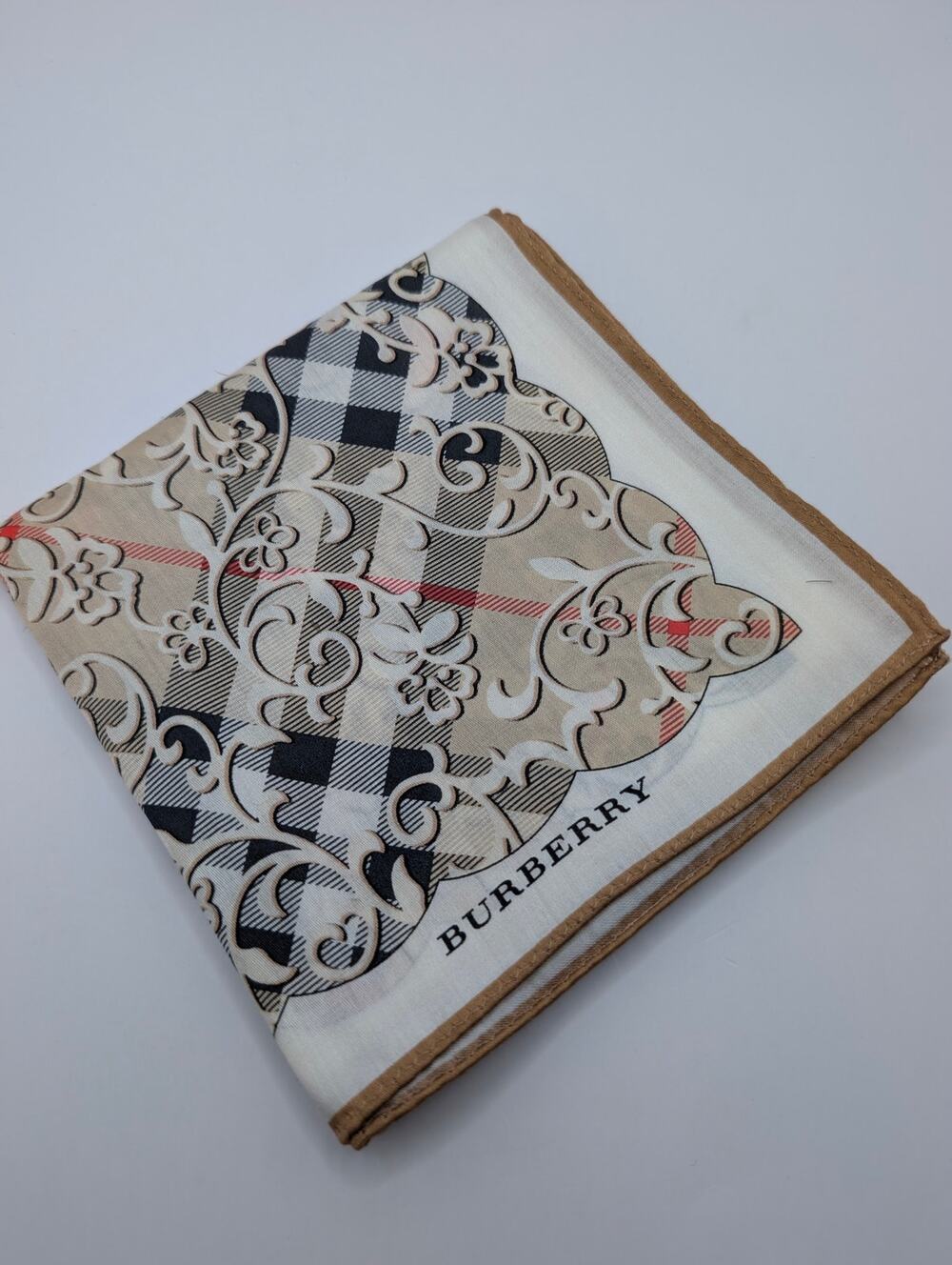 Authentic Burberry Silk Square Scarf Check Scrollwork Print Tan 22.5x22.5"